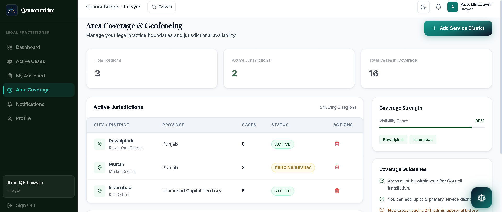 QanoonBridge lawyer dashboard — available cases filtered by service area